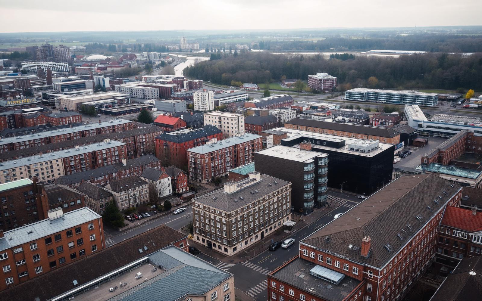 Luftaufnahme einer Stadt im Ruhrgebiet — urbanes Gefüge aus Bestand und Moderne